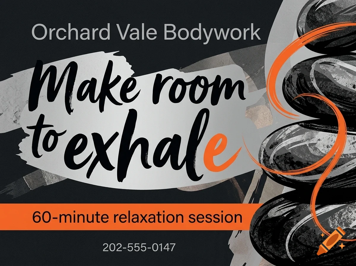 An advertisement for Orchard Vale Bodywork featuring stacked smooth stones and the text Make room to exhale.