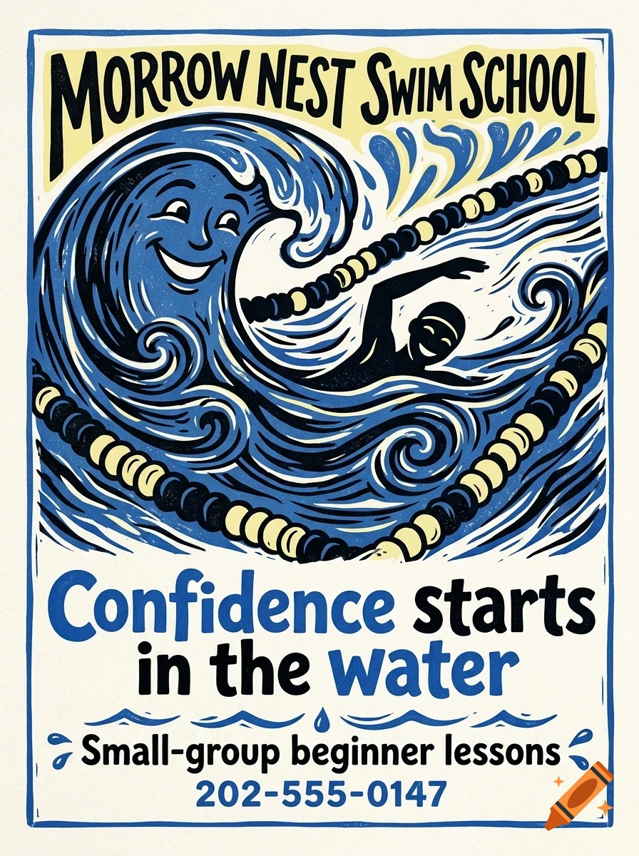 An illustrated poster for Morrow Nest Swim School featuring a smiling wave character, a swimmer, and text including Confidence starts in the water.