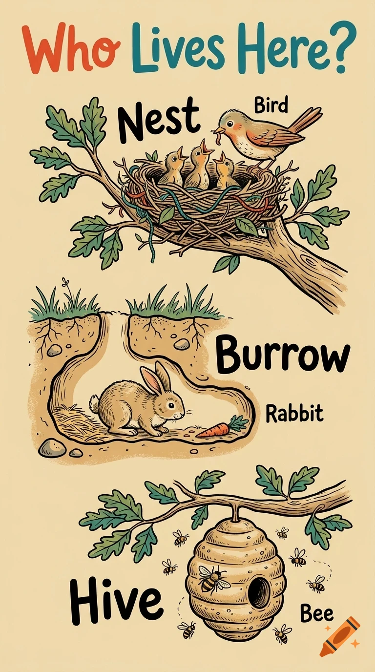 An educational poster titled Who Lives Here showing animals and their homes including a bird in a nest, a rabbit in a burrow, and bees around a hive.