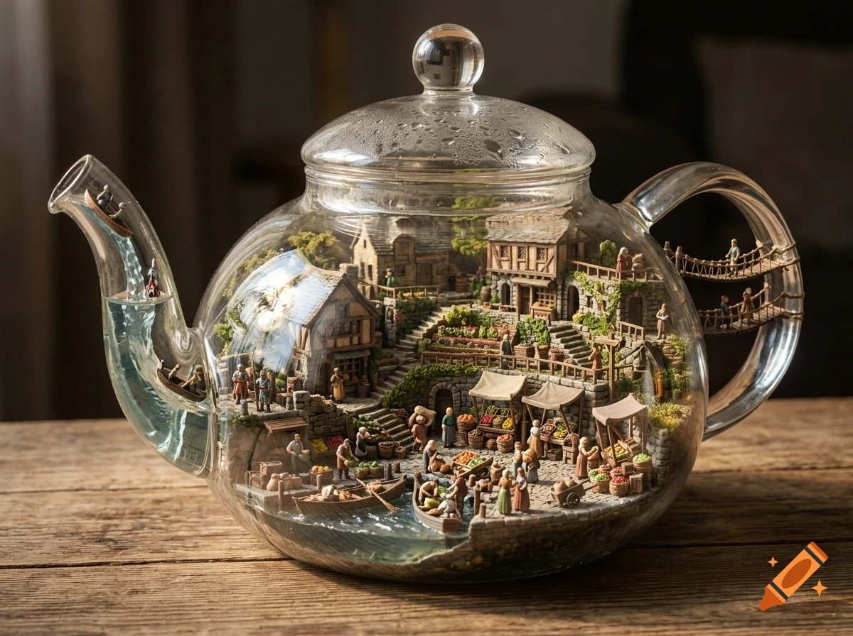 A miniature medieval village with tiny people, houses, and market stalls built entirely inside a clear glass teapot sitting on a wooden table.