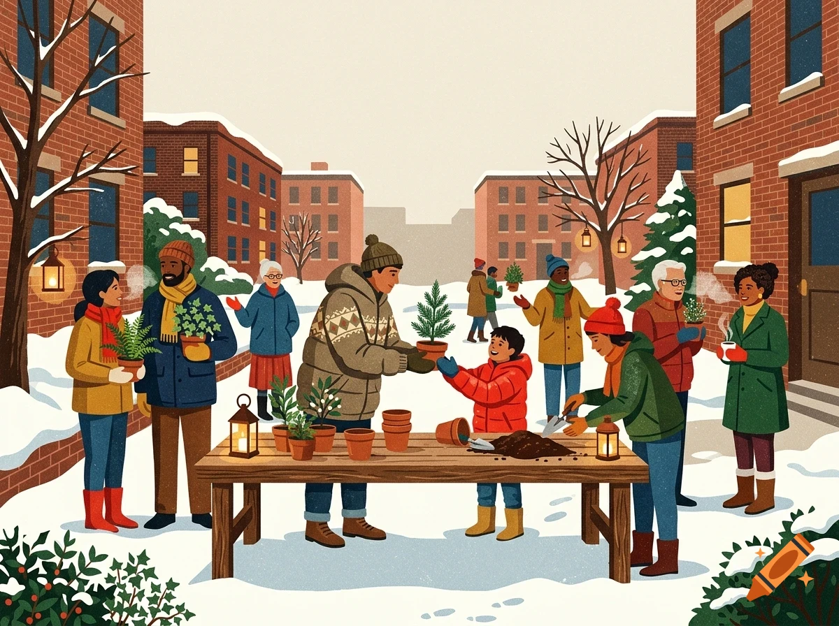 Illustration of a diverse group of people gathering outdoors in a snowy city street to plant and pot small trees together.