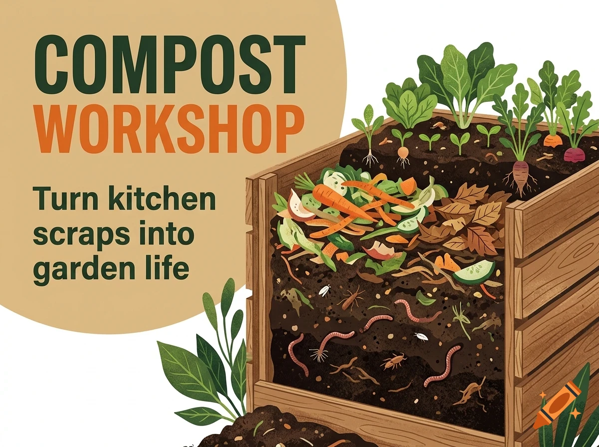 An illustrated cross-section of a wooden compost bin showing soil layers, worms, kitchen scraps on top, and growing plants above.