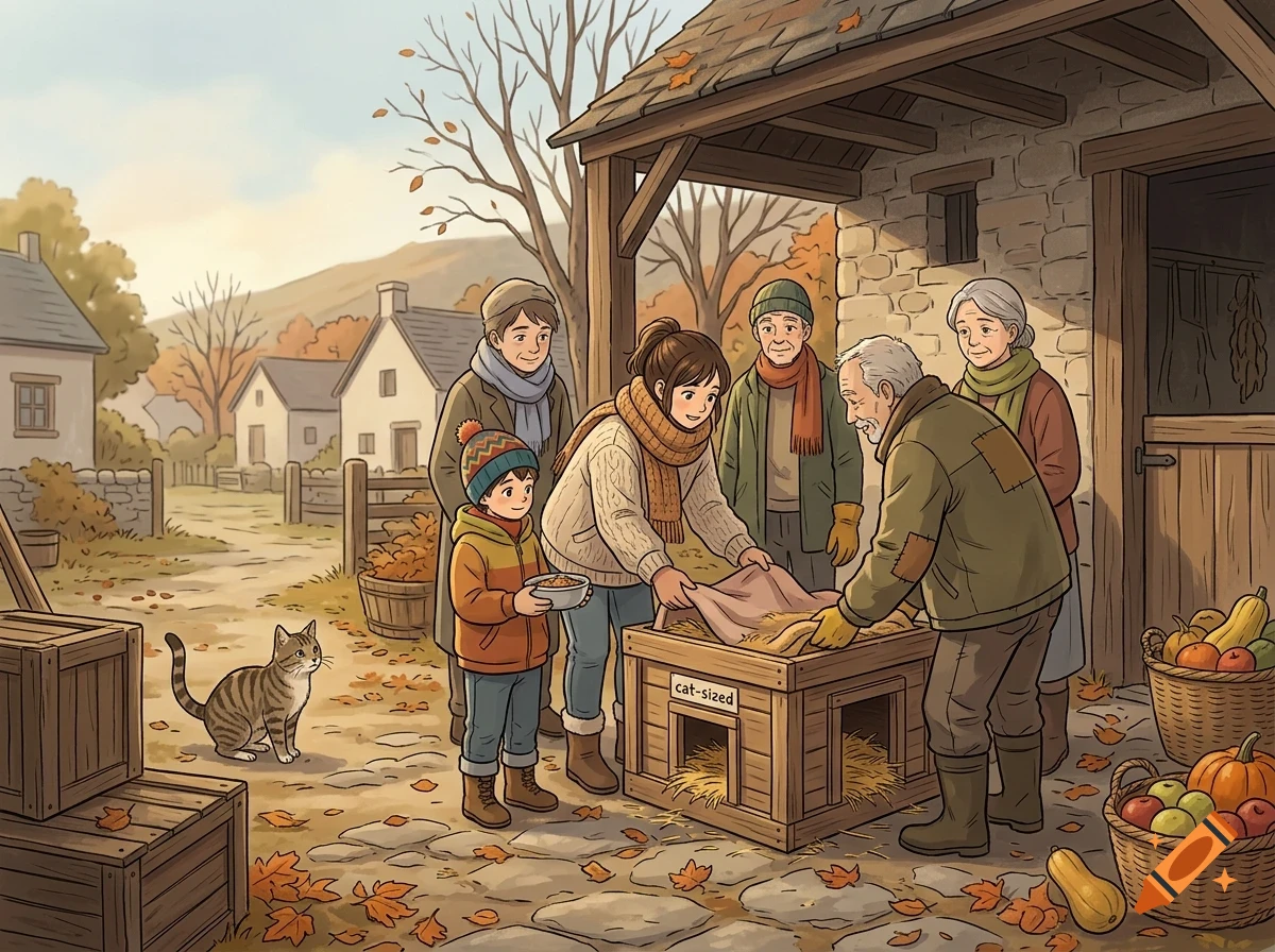 An illustrated autumn scene showing a family gathered around a cat house outside a rustic stone building, with a cat sitting nearby and baskets of produce.