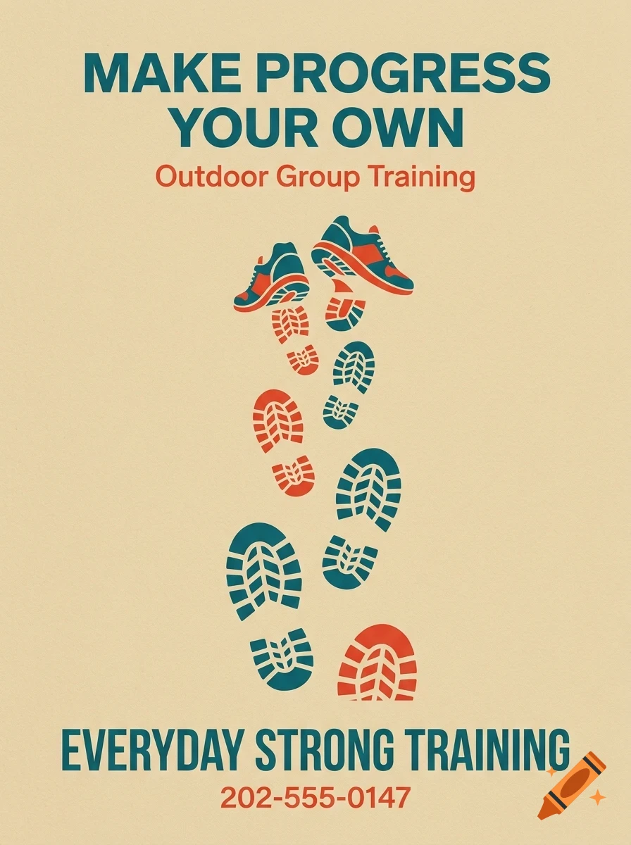 A poster for outdoor group training featuring sneakers, footsteps, and text saying Make Progress Your Own.