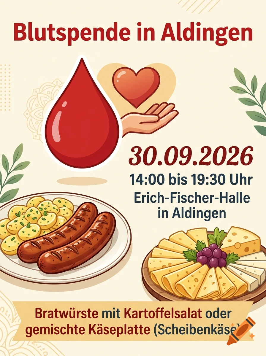 A colorful flyer for a blood donation event featuring a blood drop, heart, sausages with potato salad, and a cheese platter.