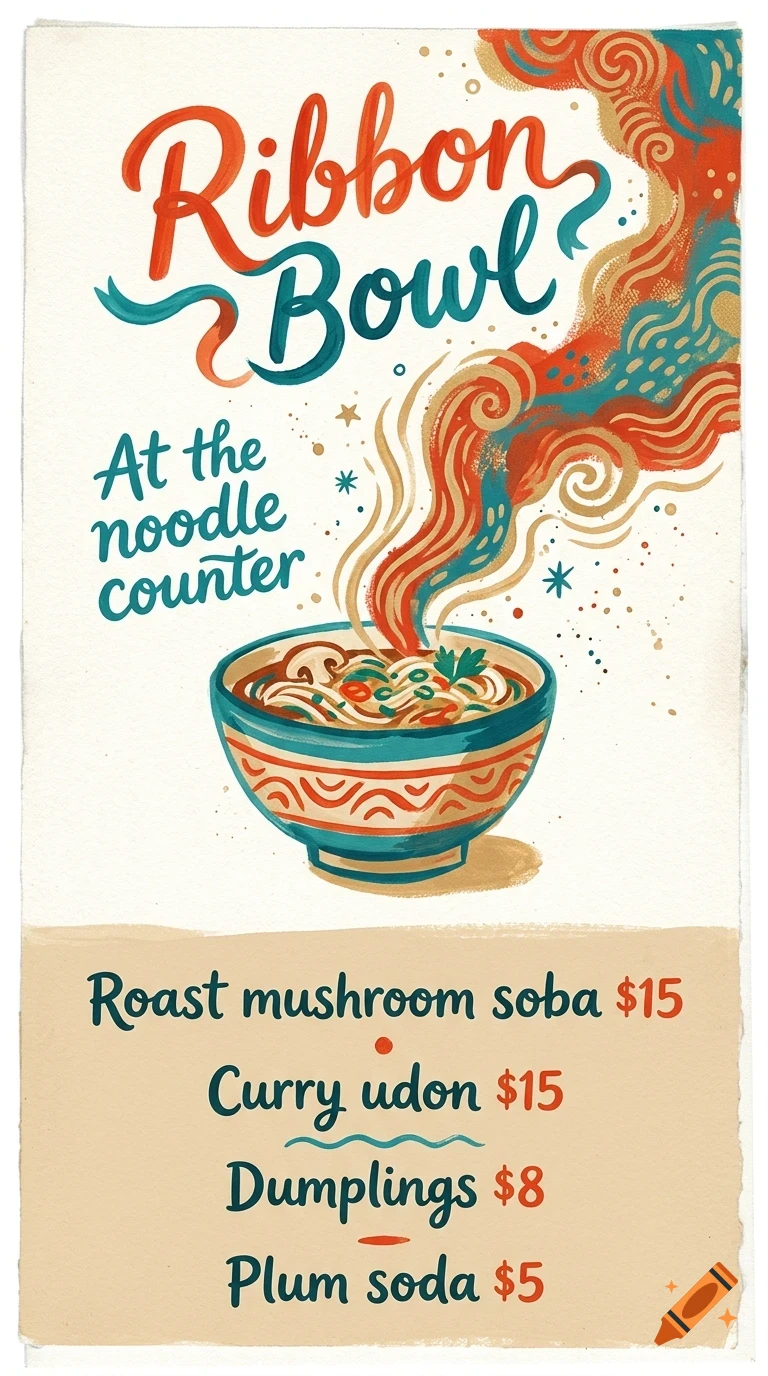 An illustrated menu for Ribbon Bowl showing a bowl of noodles with steam and a price list for various dishes.