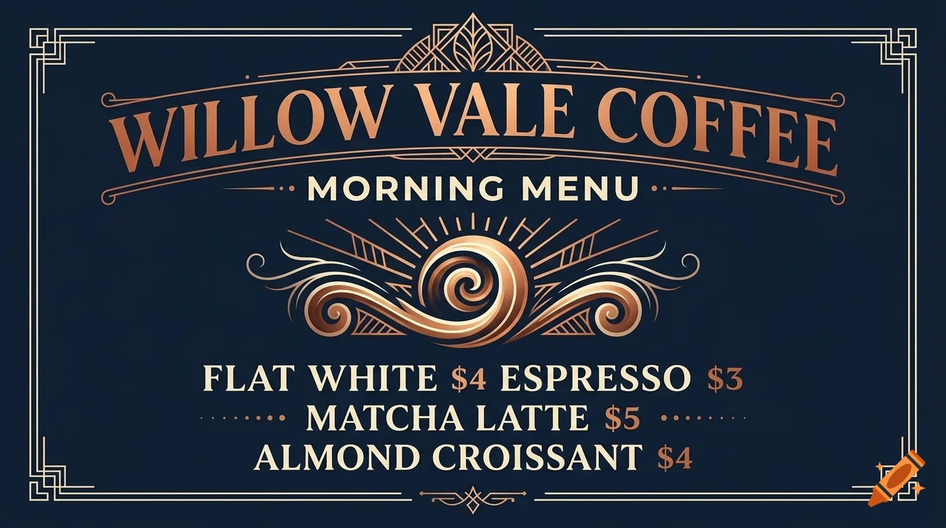 An ornate menu for Willow Vale Coffee listing morning menu items and prices in a vintage art deco style.