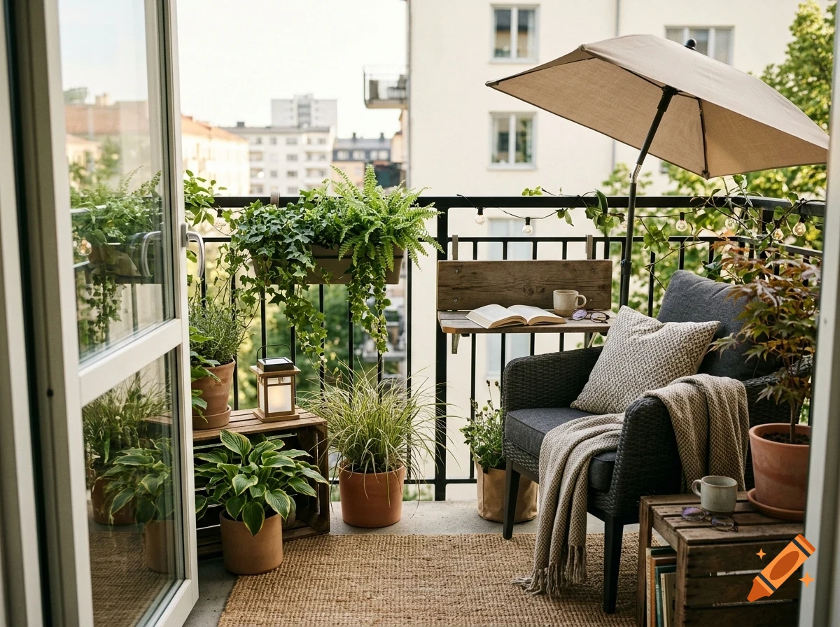 A cozy apartment balcony featuring a black armchair with a throw blanket and pillow, an umbrella, potted plants, and a small folding table with an open book.