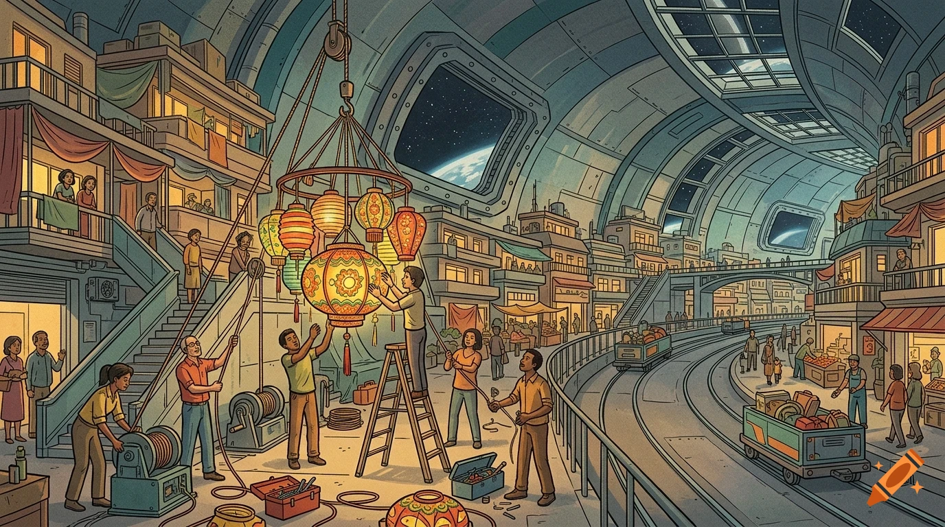 An illustrated futuristic indoor city built inside a massive spacecraft or dome, with people hanging glowing lanterns and operating machinery along streets and balconies.