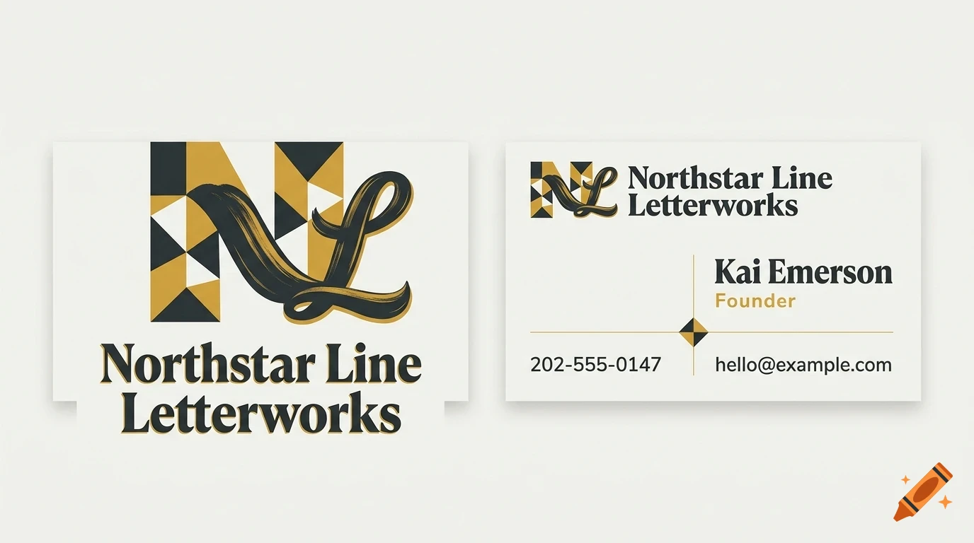 Two business cards with black, gold, and white geometric designs and the text Northstar Line Letterworks.