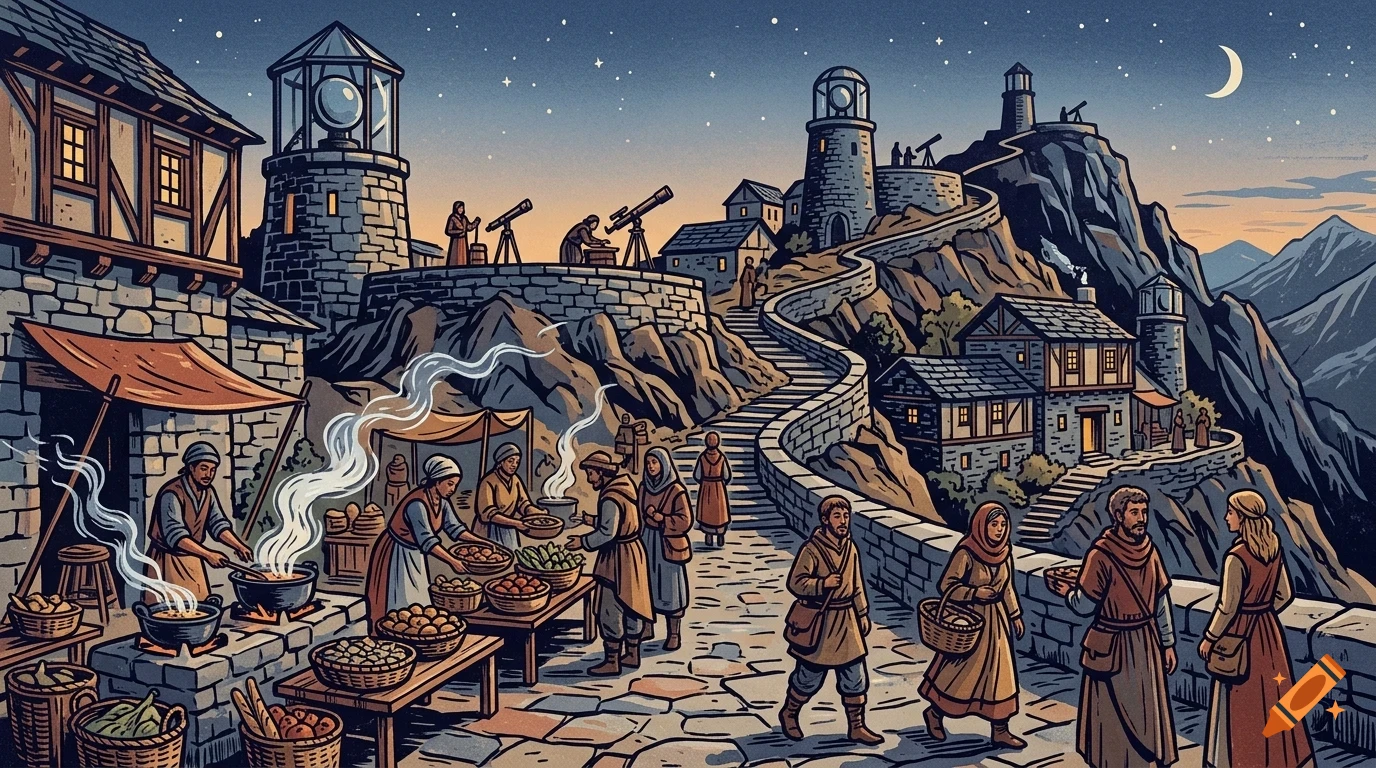 An illustrated nighttime scene of a mountainside village with stone buildings, a winding pathway, market stalls with food, and people using telescopes under a starry sky.