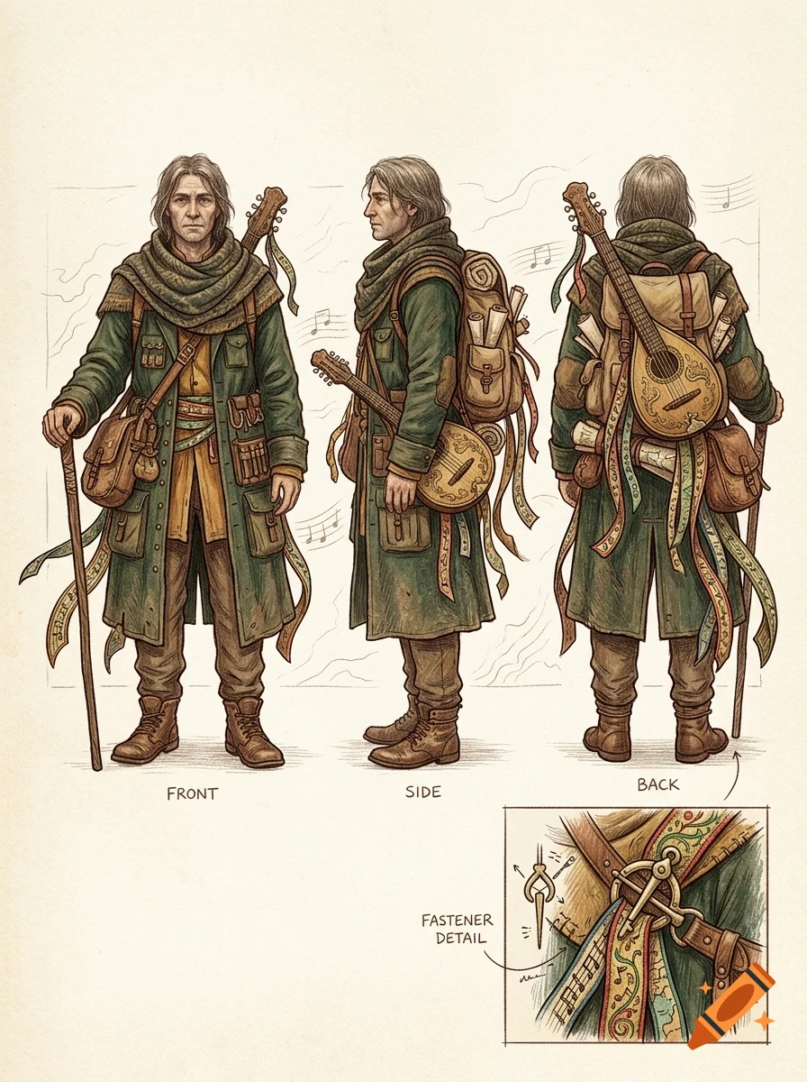 Character design sheet showing front, side, and back views of a male traveler with a green coat, scarf, backpack, and lute, alongside a fastener detail inset.