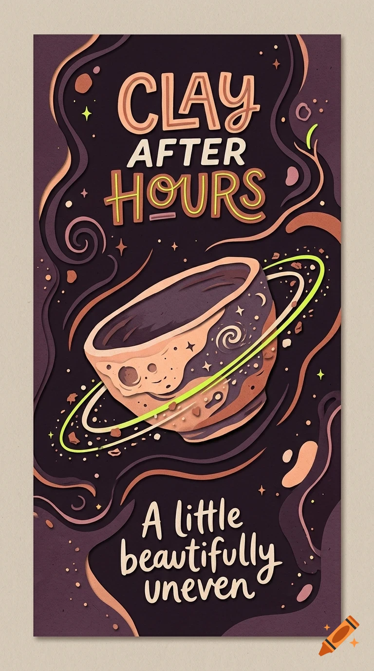 An illustrated poster features lettering reading 'CLAY AFTER HOURS' above a ceramic bowl shaped like a planet with rings, surrounded by abstract swirling shapes and the text 'A little beautifully uneven'.