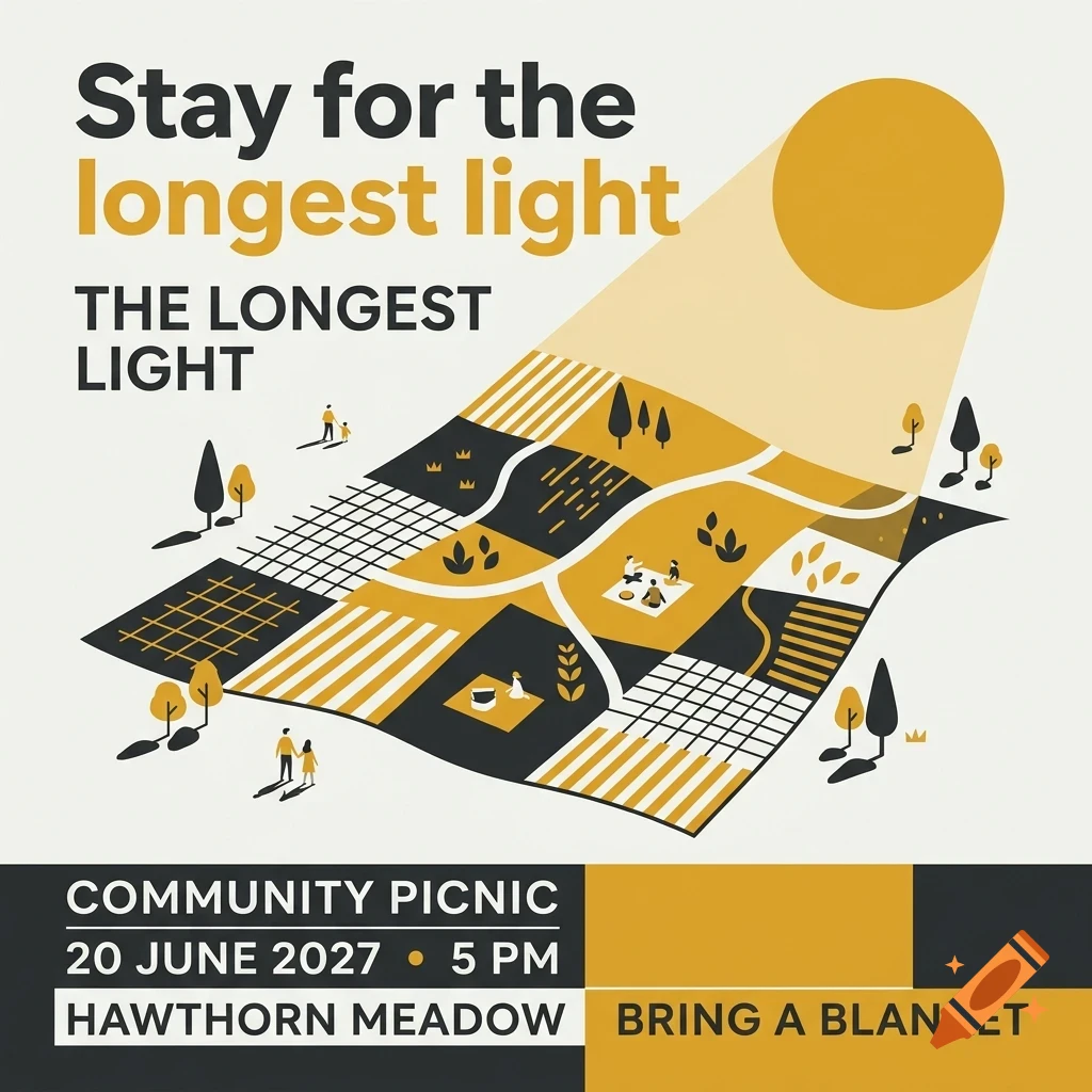 A poster with the text 'Stay for the longest light' and 'Community picnic', depicting an aerial view of a meadow lit by a sun.