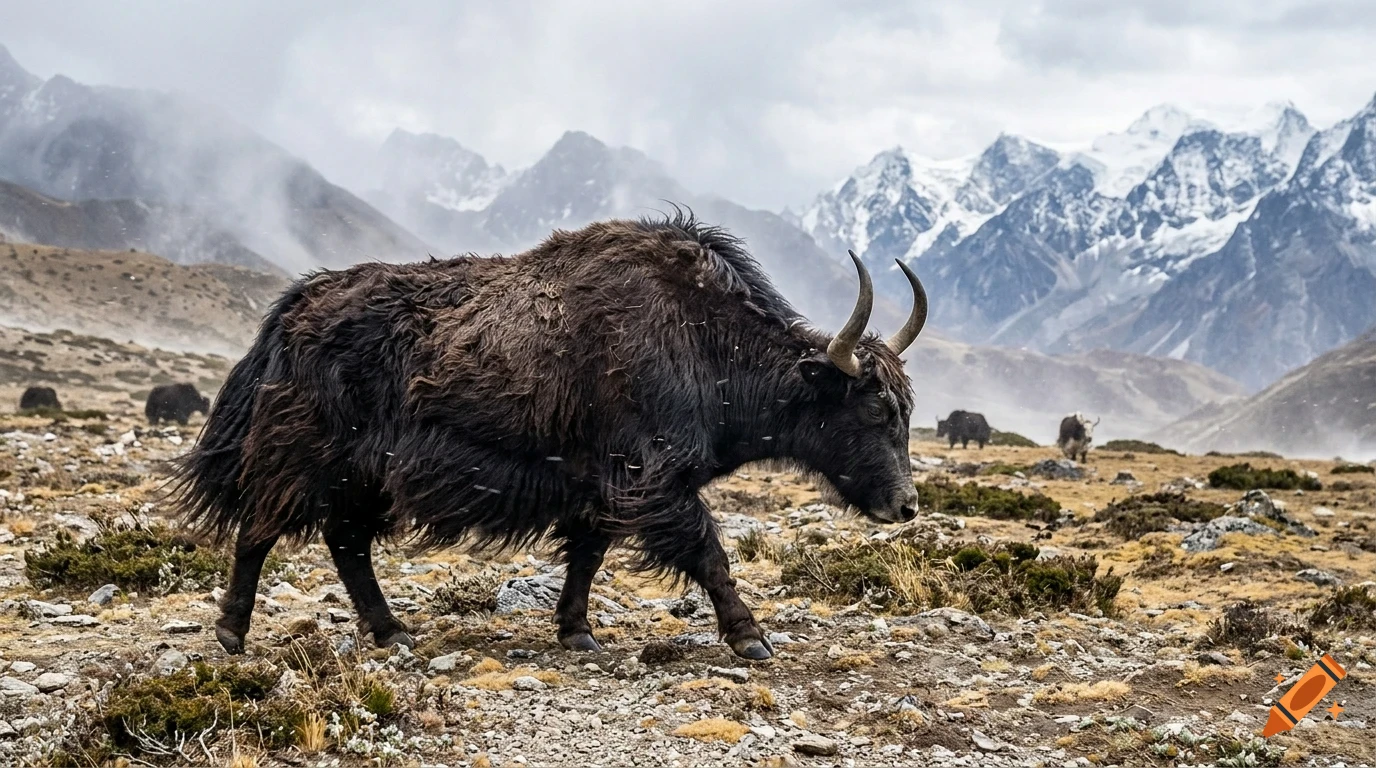 A shaggy yak walks across a rocky, sparse landscape with snow-capped mountains in the background under an overcast sky.
