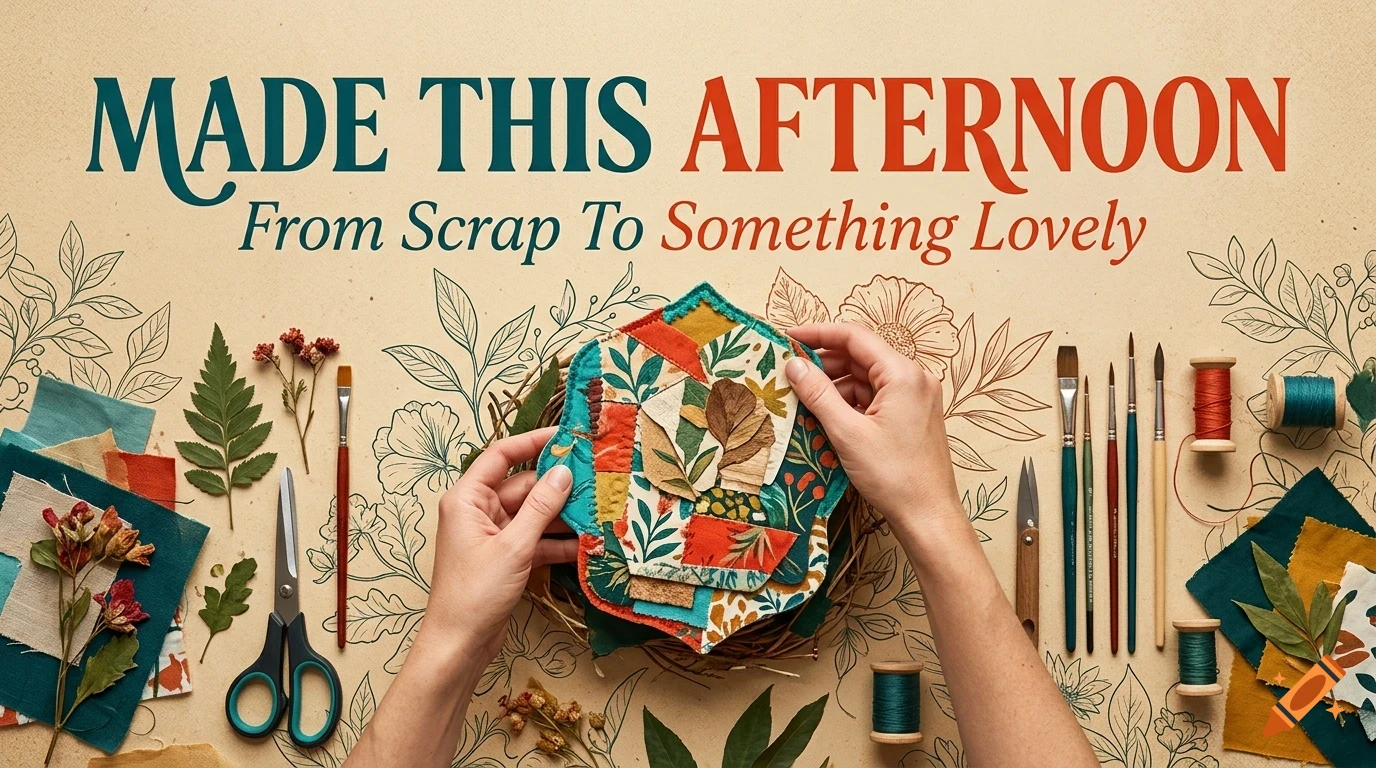 A pair of hands crafting with fabric scraps, surrounded by art supplies, botanical illustrations, and the text "MADE THIS AFTERNOON From Scrap To Something Lovely".