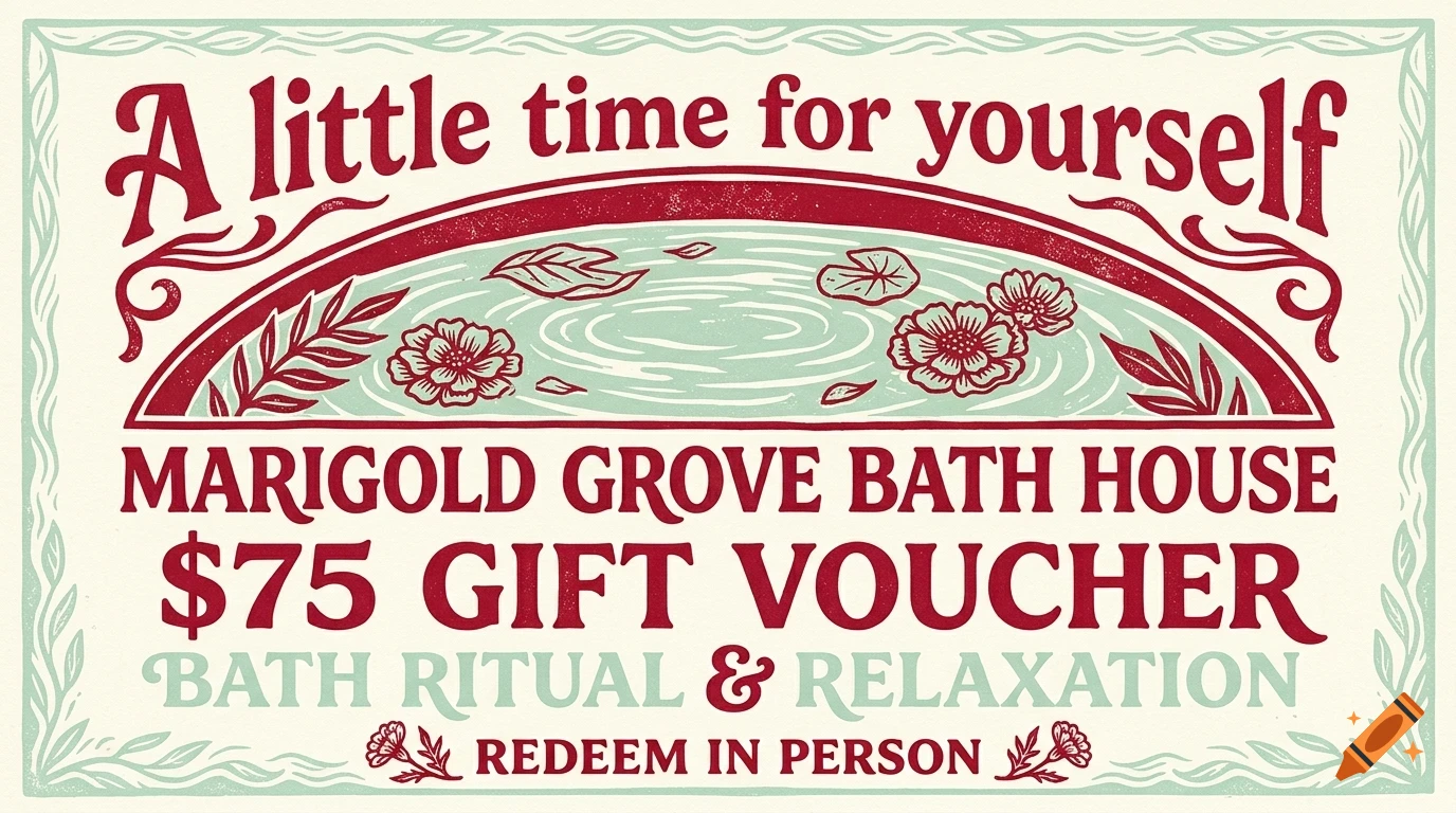 A vintage-style gift voucher for Marigold Grove Bath House featuring lettering and botanical illustrations of flowers and water.