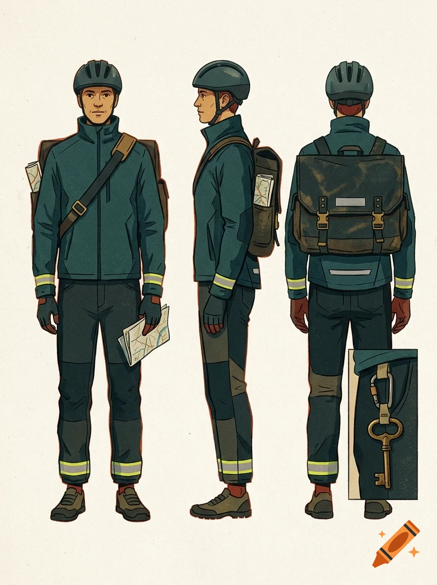 Character design sheet showing a delivery worker from front, side, and back views, wearing a helmet, jacket, and carrying a messenger bag with a map.