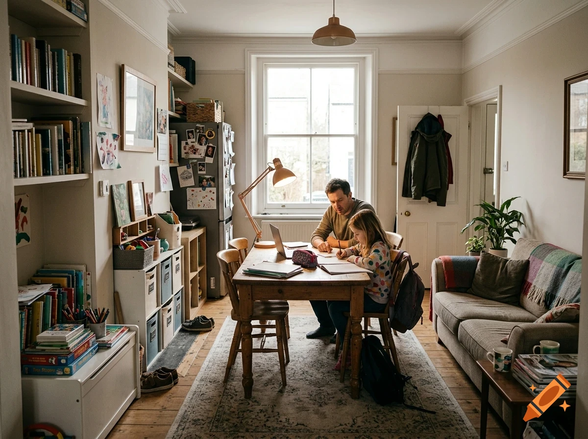 A man and a young girl sit together at a wooden table in a living room, doing homework or writing with a laptop nearby.