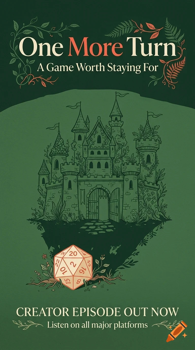 A poster featuring a green illustration of a castle on a floating island, a 20-sided die, and the text One More Turn.
