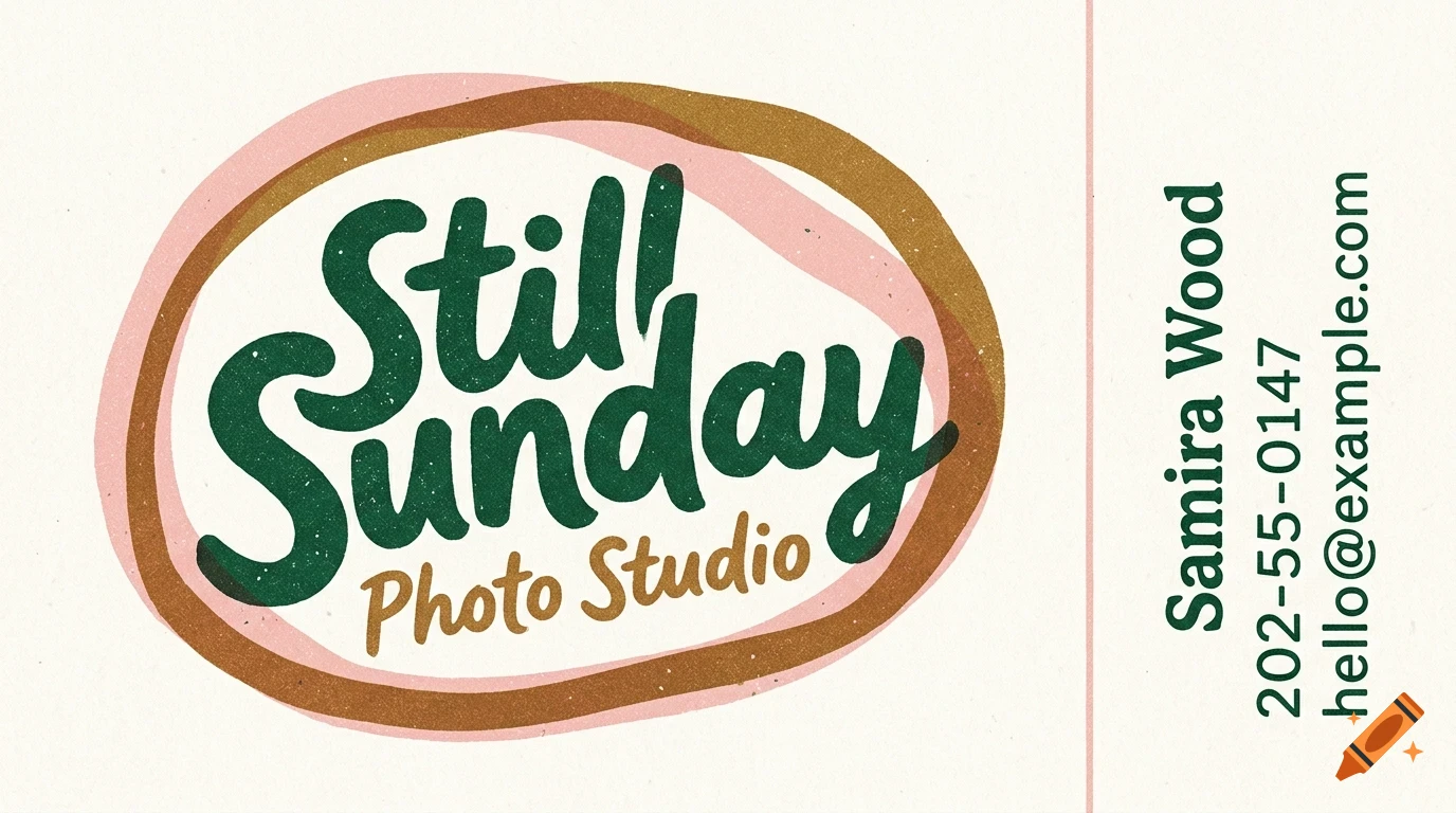 A business card with the text Still Sunday Photo Studio, Samira Wood, 202-555-0147, and hello@example.com