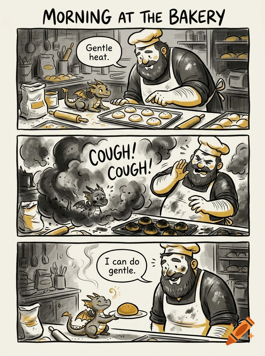 A comic strip showing a baker and a small dragon in a bakery, where the dragon accidentally burns the pastries before successfully baking one.