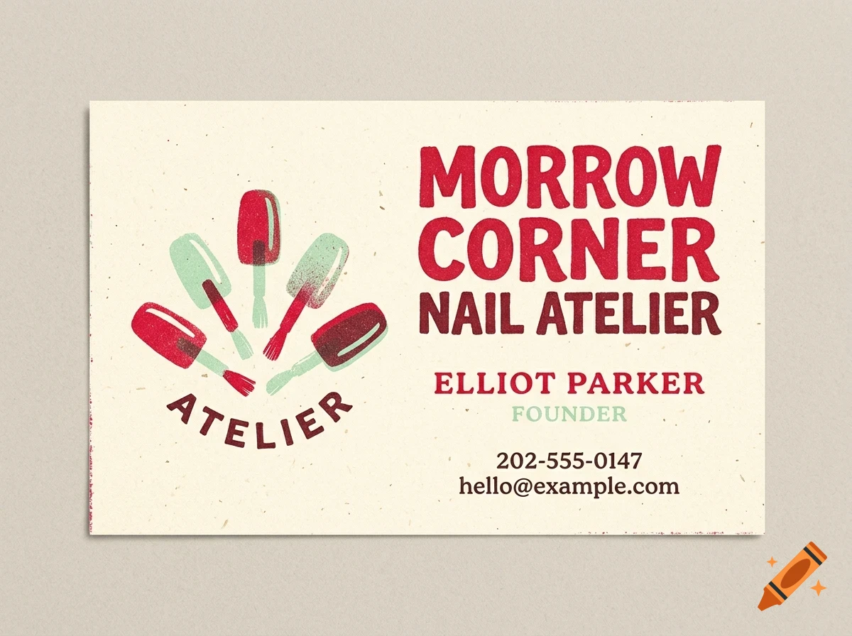 A business card for Morrow Corner Nail Atelier featuring nail polish brushes and typography.