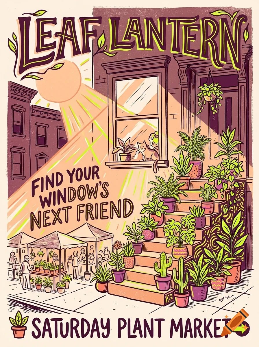 An illustrated poster advertising a plant market with stairs and windowsills filled with potted plants, a sun shining, a cat, and market stalls on the street.
