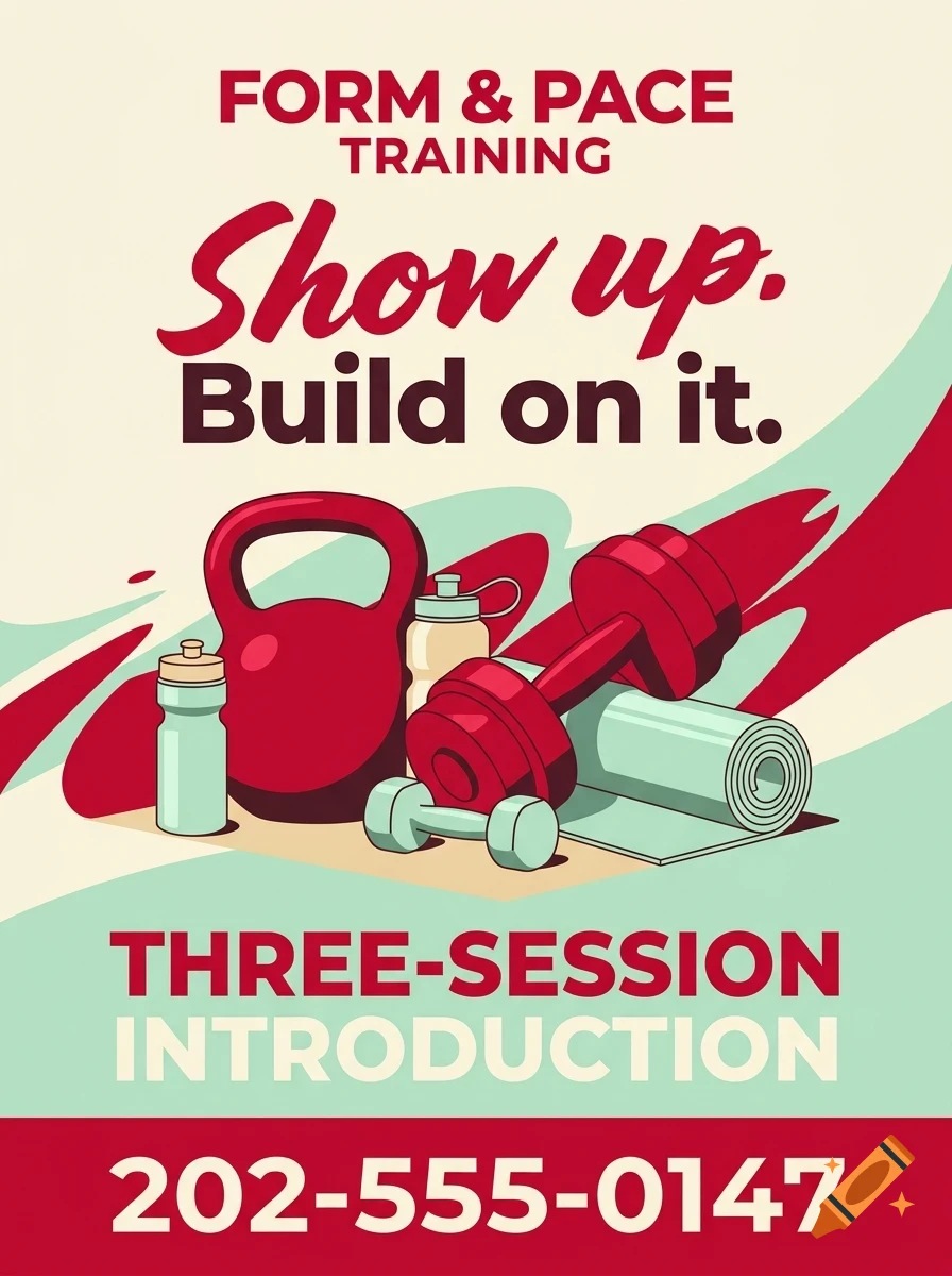 A poster with fitness equipment including a kettlebell, dumbbells, water bottles, and a rolled yoga mat, with text reading Form & Pace Training.