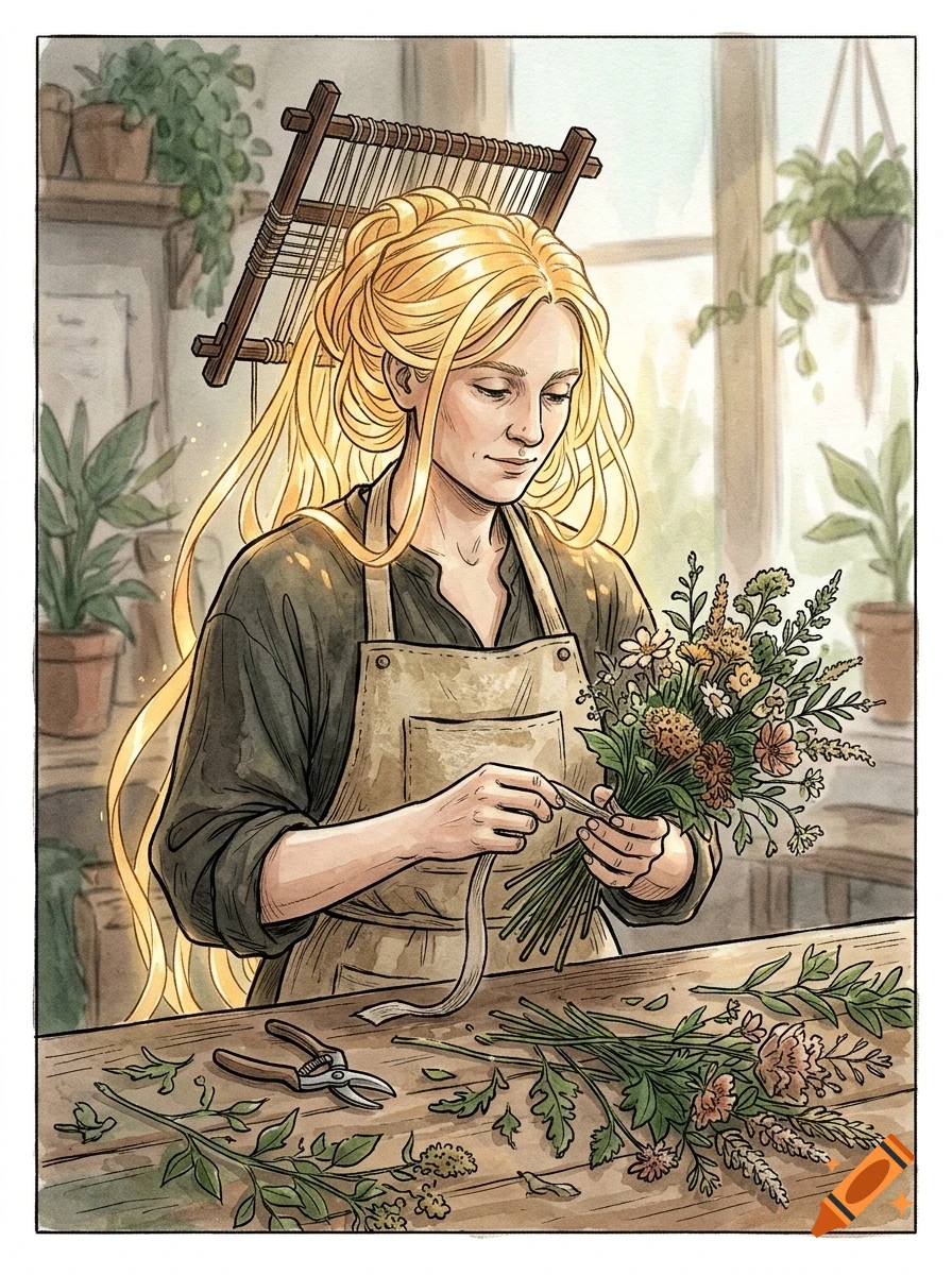 An illustrated portrait of a blonde woman wearing an apron, meticulously arranging a bouquet of flowers on a wooden workbench inside a plant-filled room.