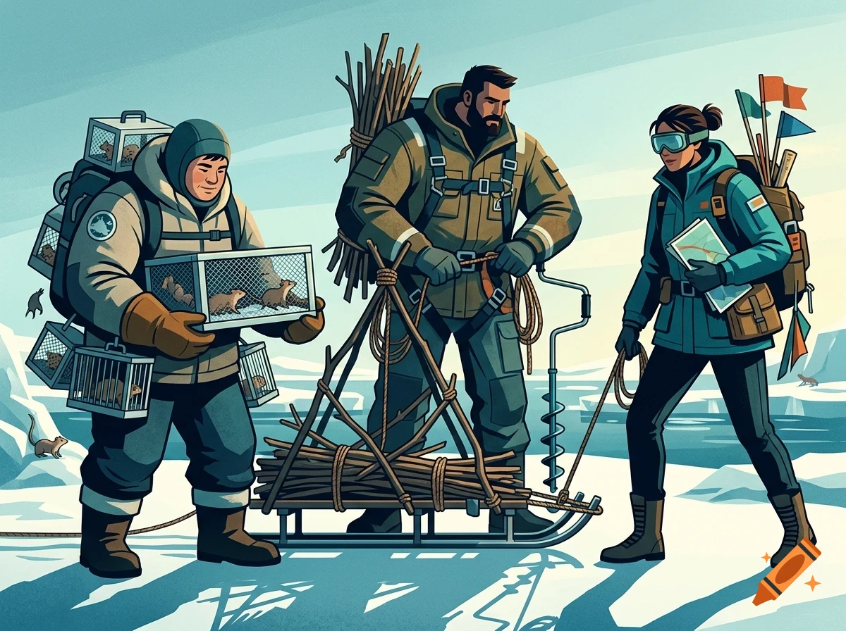 Illustration of three polar researchers in heavy winter gear preparing a campsite with a sled, crates of small animals, and equipment in a snowy landscape.