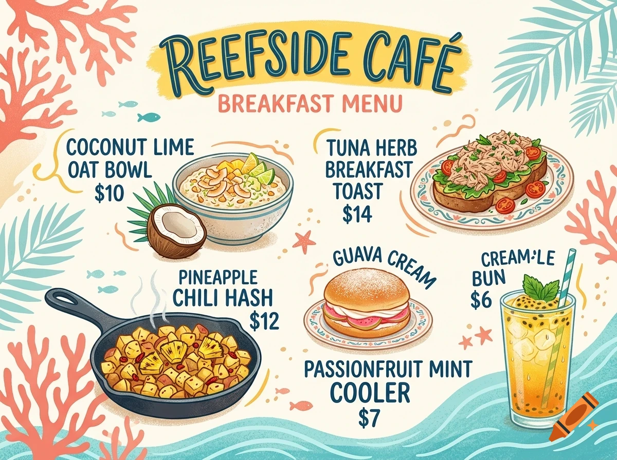 An illustrated breakfast menu for Reefside Cafe featuring various tropical dishes like oat bowl, toast, hash, bun, and a drink.