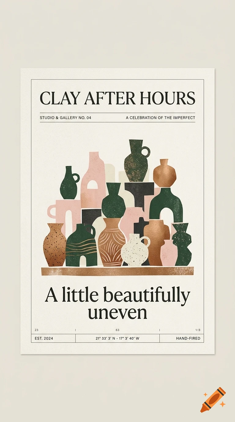 An art poster featuring a collection of ceramic vases and pottery on a shelf, with text reading CLAY AFTER HOURS.