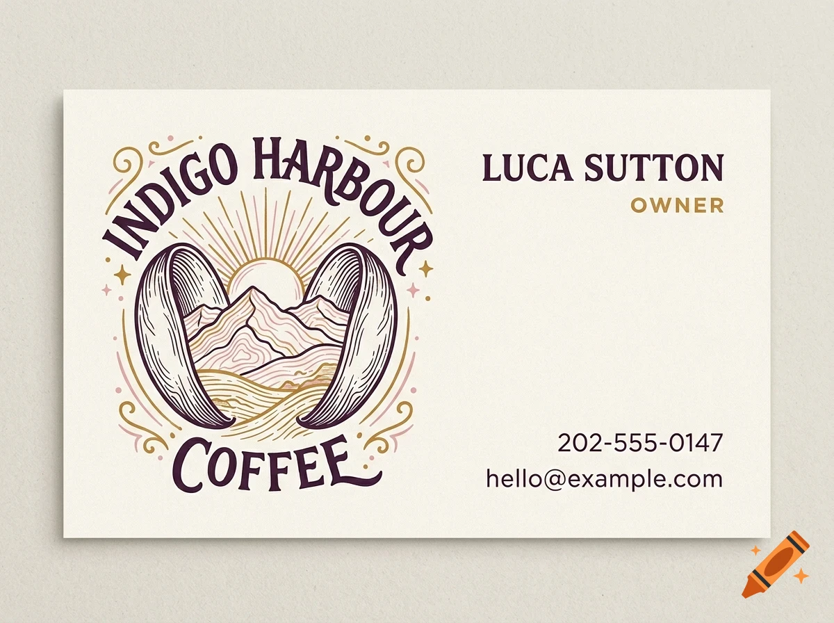 A business card with the text Indigo Harbour Coffee, Luca Sutton, Owner, and contact details featuring a circular logo of mountains inside a cup.