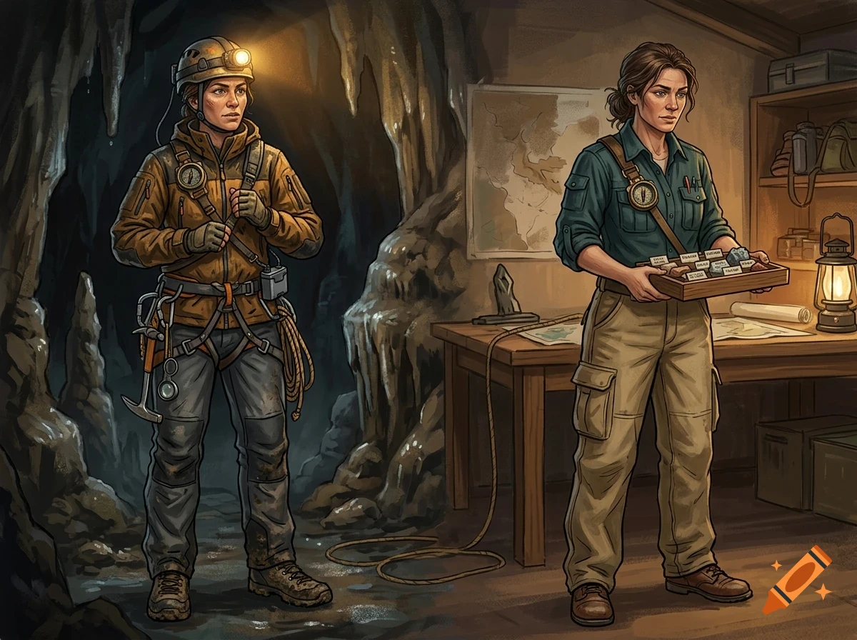 An illustration showing a woman in caving gear inside a dark cave on the left, and the same woman in an indoor workspace holding a tray of rock samples on the right.