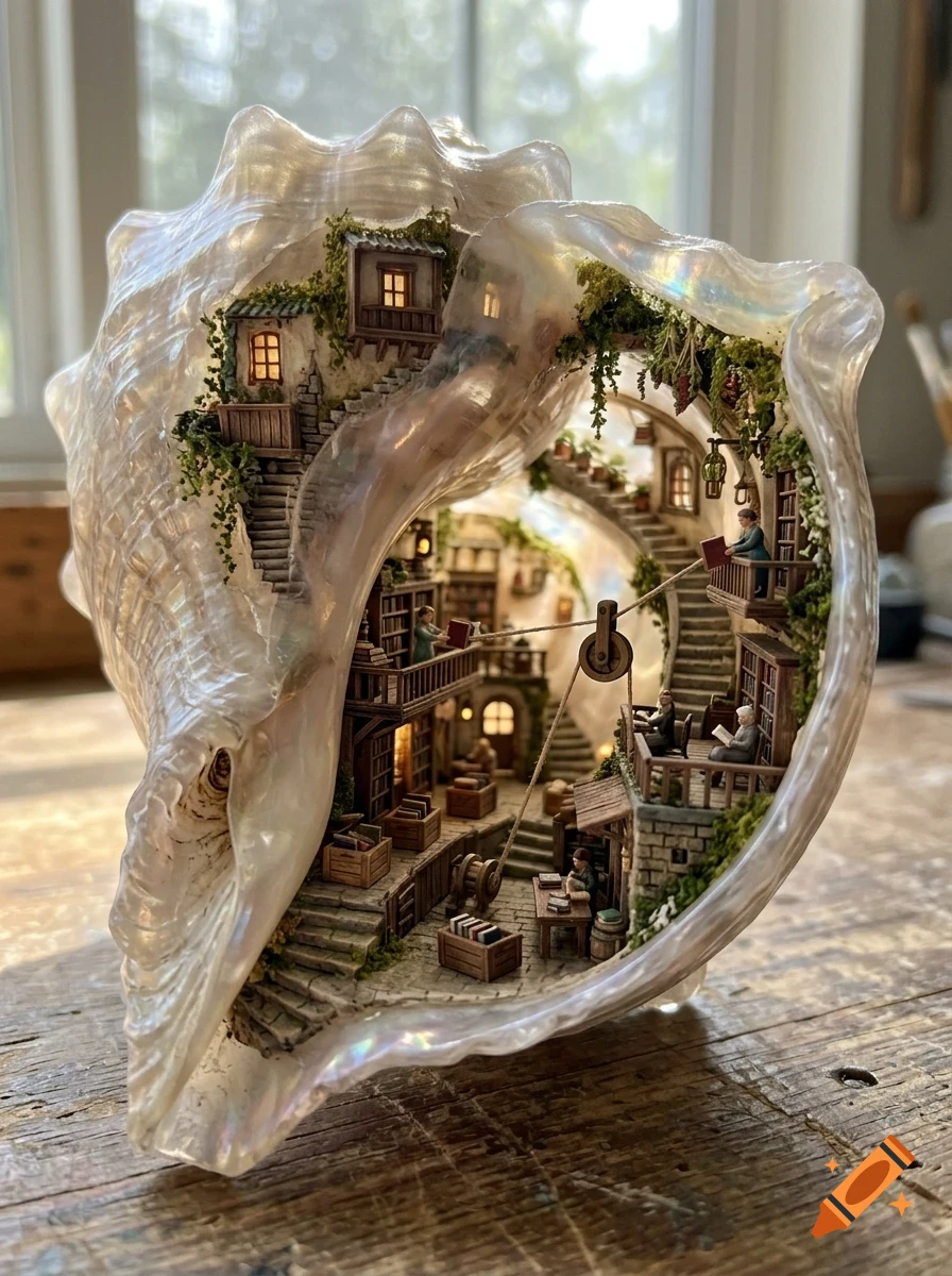 A miniature village built inside a large, hollowed-out seashell featuring lit windows, staircases, tiny figures, and books.