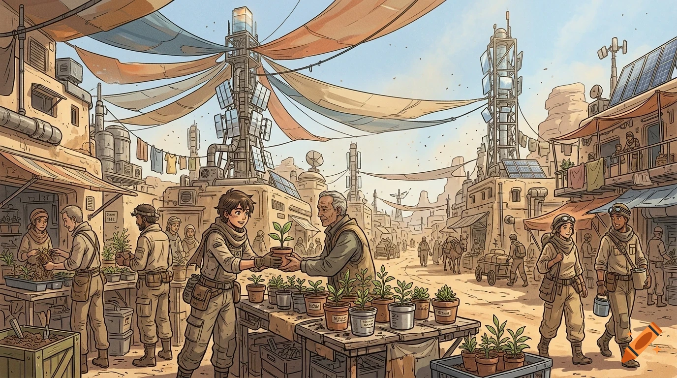 An illustrated outdoor scene of people trading potted plants in a desert settlement with futuristic towers and hanging canopies.