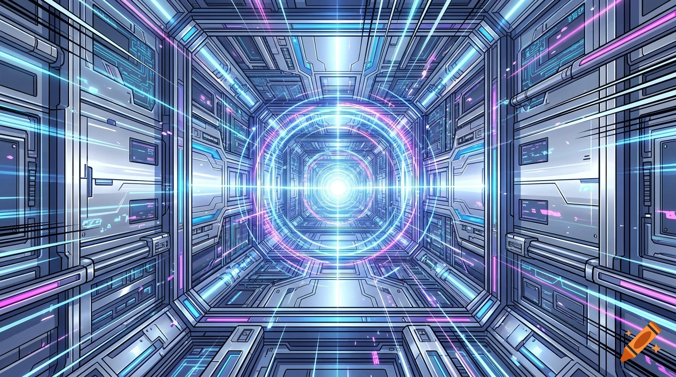 An anime-style sci-fi corridor with glowing metallic walls and light trails shooting forward, creating a sense of immense speed.