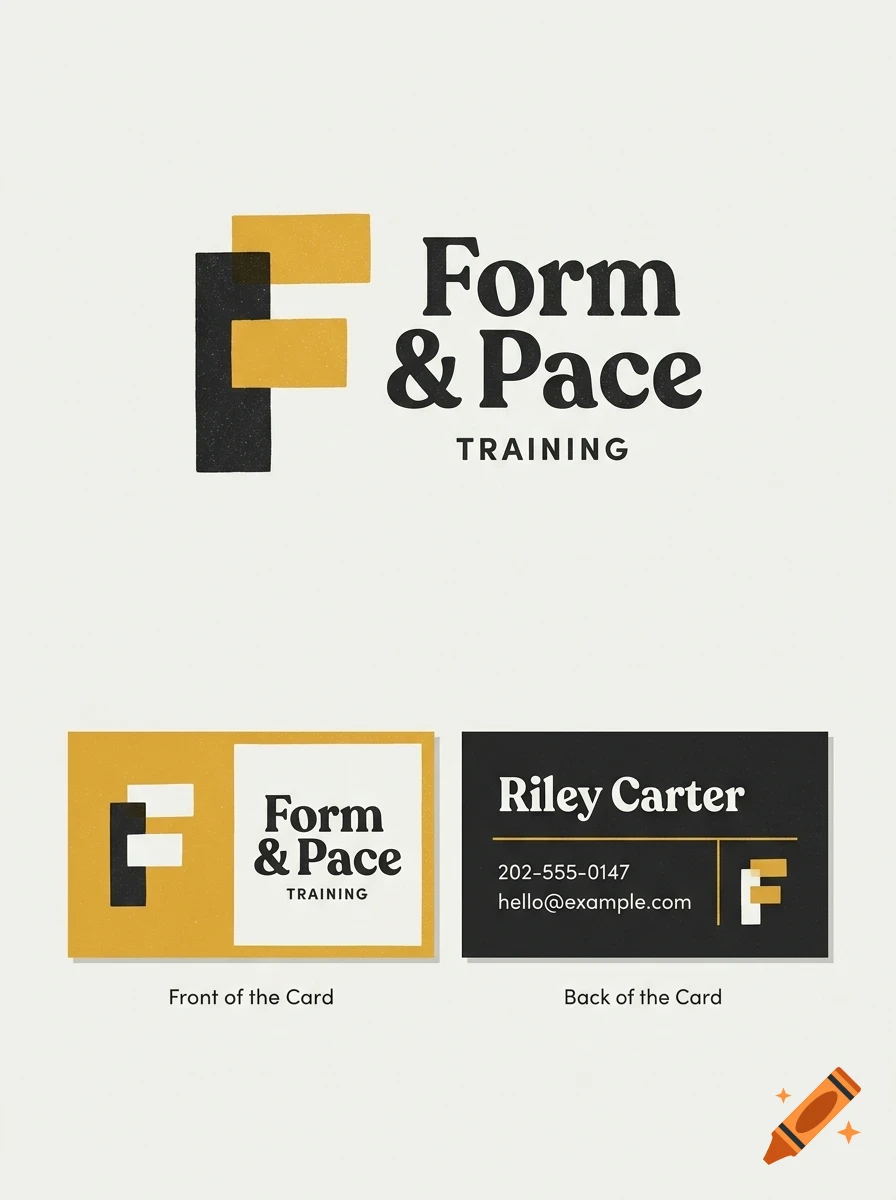 A business card design for Form & Pace Training featuring an abstract F monogram logo in black and yellow.