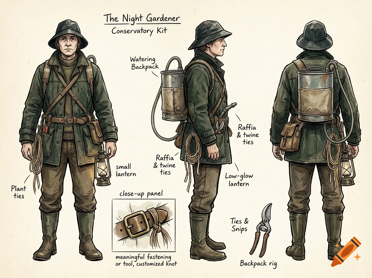Character design turnaround sheet showing a person in dark green outerwear, hat, and boots with a watering backpack and lantern, including labels and close-up views.