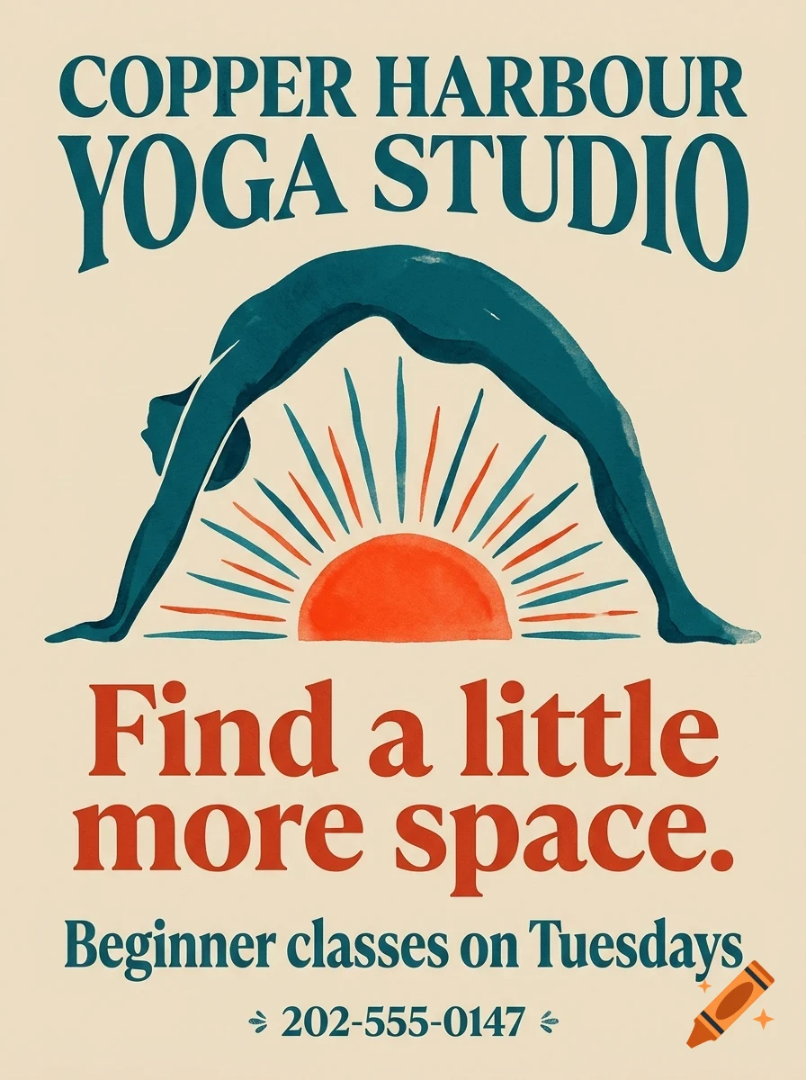 A poster for Copper Harbour Yoga Studio showing a person in a backbend pose over a red sun graphic, with text.