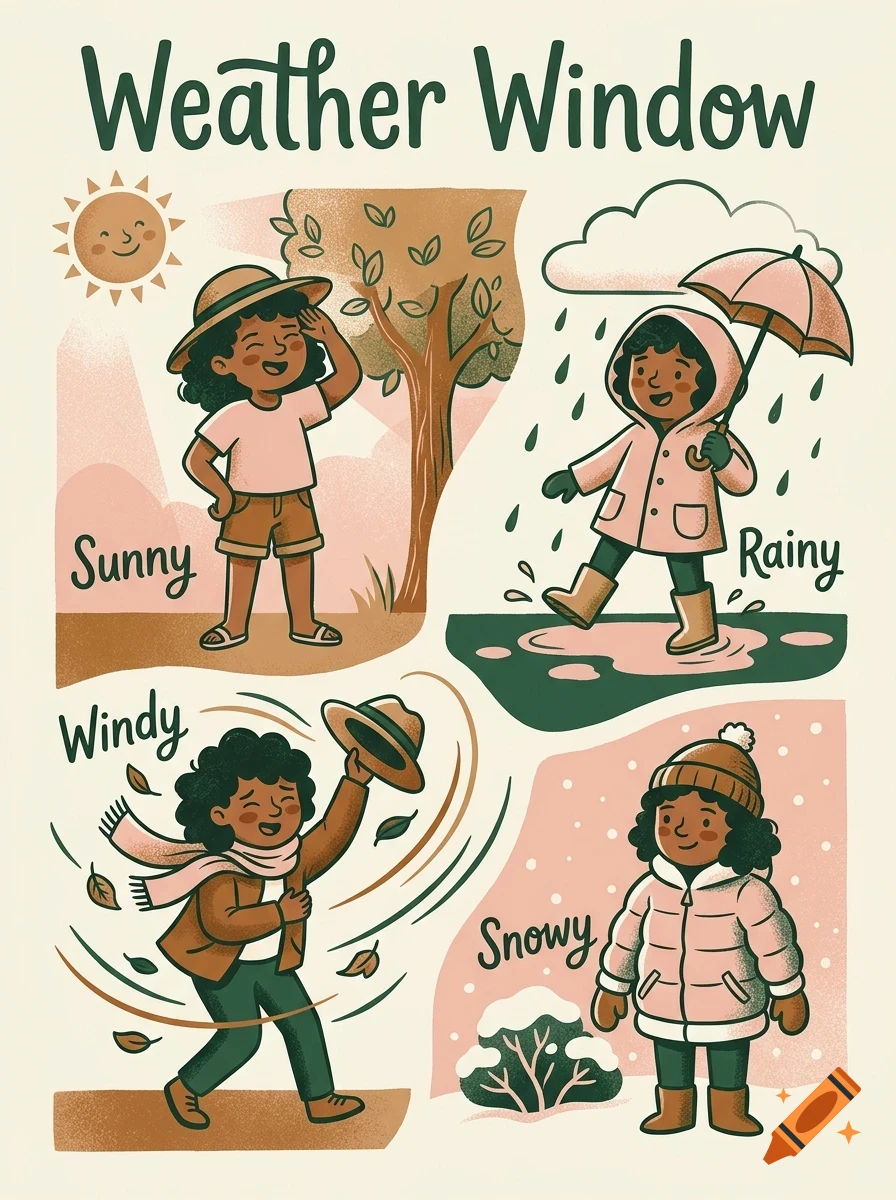 An illustrated poster titled Weather Window showing four children experiencing different weather conditions: sunny, rainy, windy, and snowy.