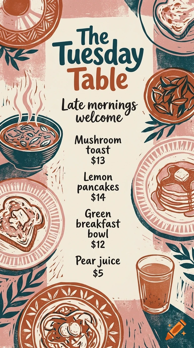 An illustrated restaurant menu titled The Tuesday Table featuring various breakfast dishes, drinks, and prices.