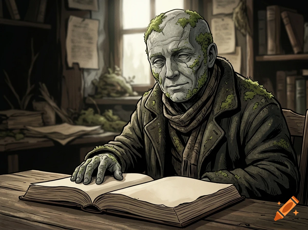 An illustration of a stone-like humanoid figure covered in moss sitting at a wooden desk and reading a large open book.