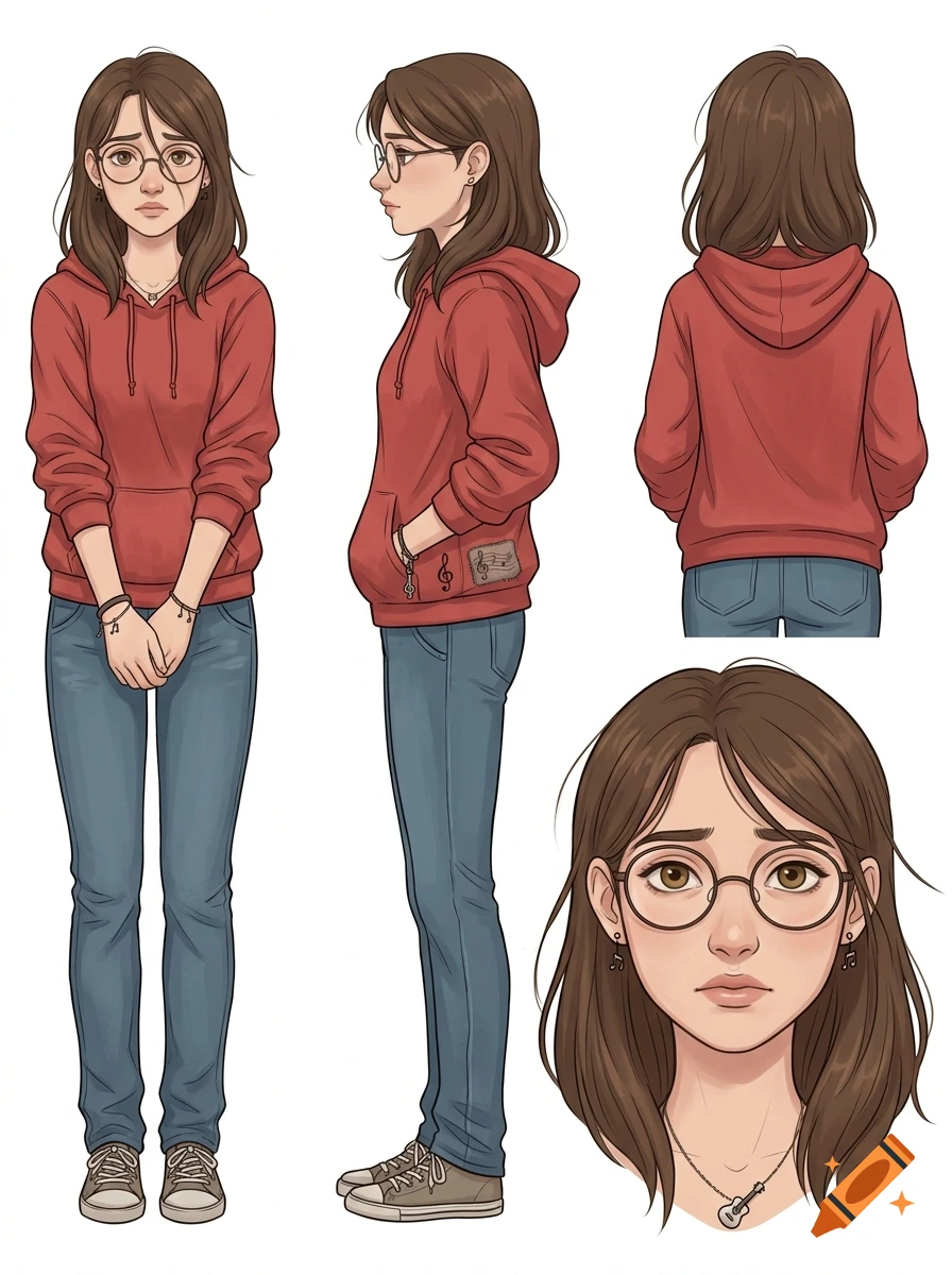Character design sheet showing a young woman with brown hair, glasses, and a red hoodie from front, side, back, and a face close-up, anime style.