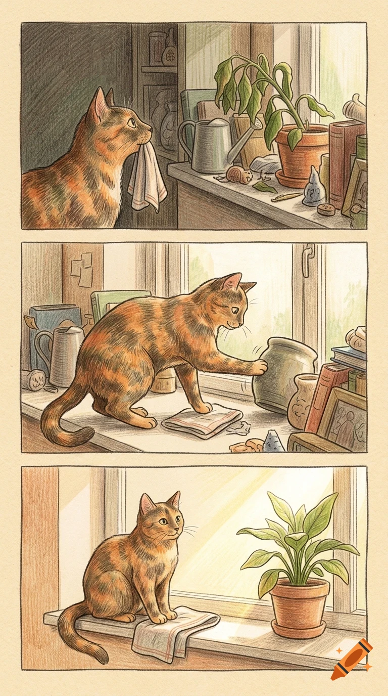A comic strip showing a cat interacting with objects on a windowsill, including pulling a cloth, knocking over a pot, and finally sitting calmly next to a potted plant.