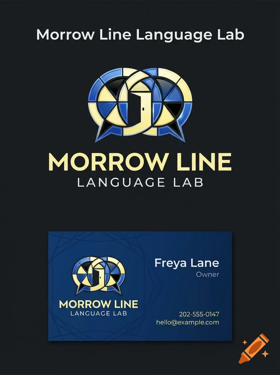 A logo and business card for Morrow Line Language Lab, featuring a geometric stained glass style emblem.