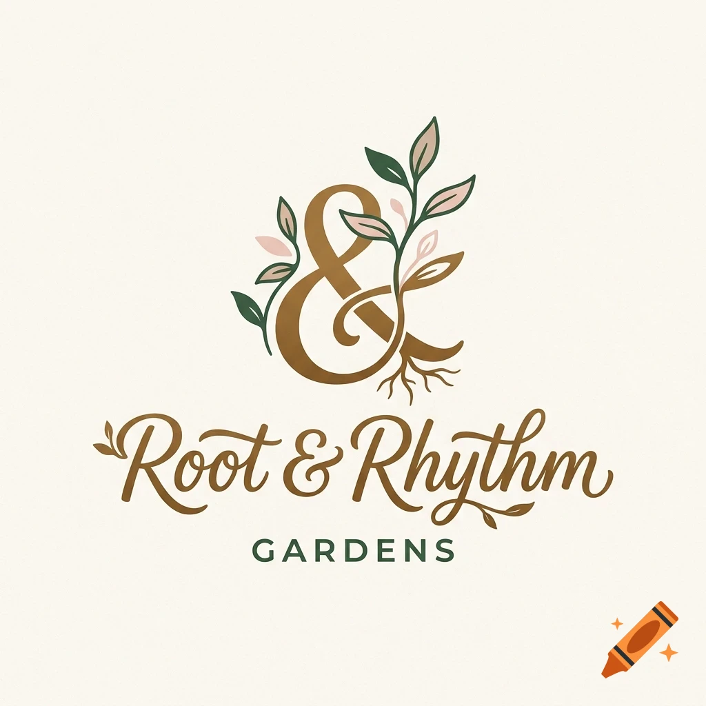 A logo featuring an ampersand combined with plant roots and leaves, with the text Root & Rhythm Gardens below.