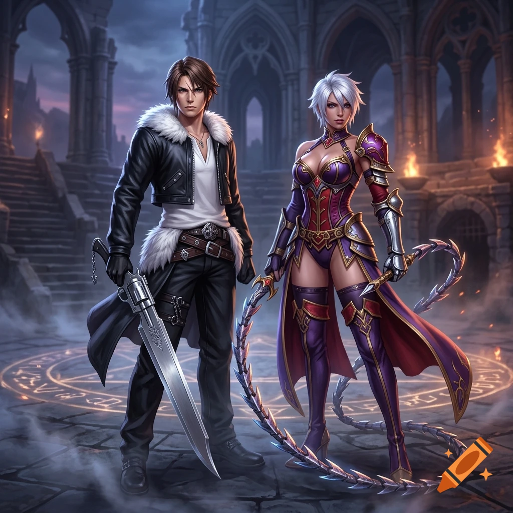 Squall Leonheart and Ivy posing together in a Gothic stone hall, video game style.