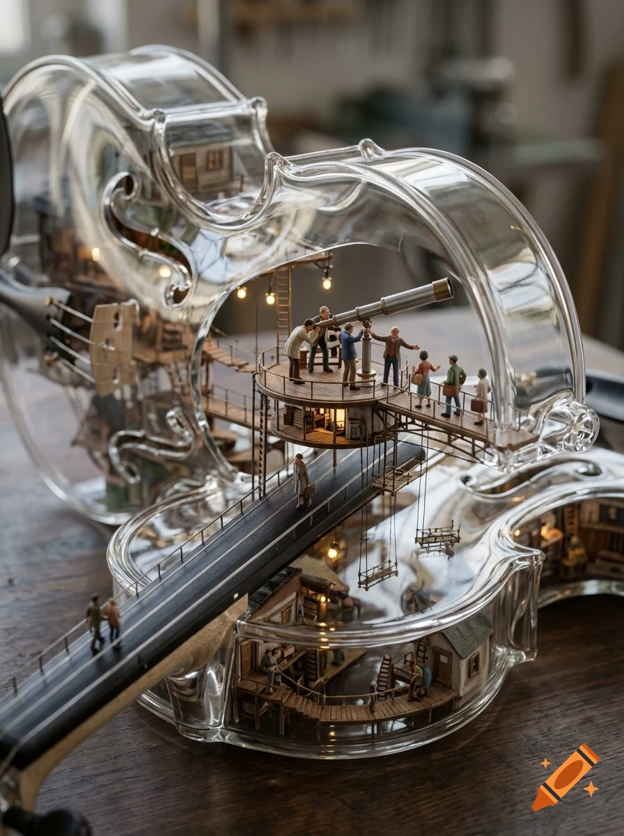 A miniature diorama built inside a transparent glass violin features tiny figures and buildings connected by walkways.